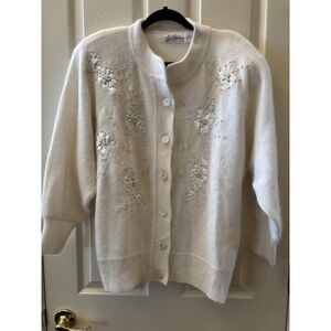 Mohair Cardigan Beaded Women's Vtg Button Up Bunny Soft GrannyCream Sweater Sz L